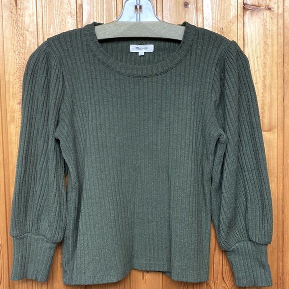 Madewell Sweaters - Madewell Ribbed Olive Green Puffed Shoulder 3/4 Sleeves Sweater Top Women's XS !